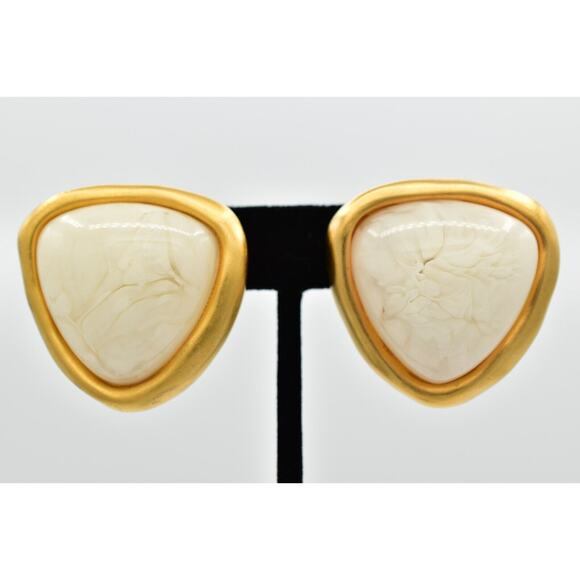 Givenchy Vintage Cabochon Clip On Earrings Brushed Gold Big Chunky Signed BinBB - Picture 1 of 12
